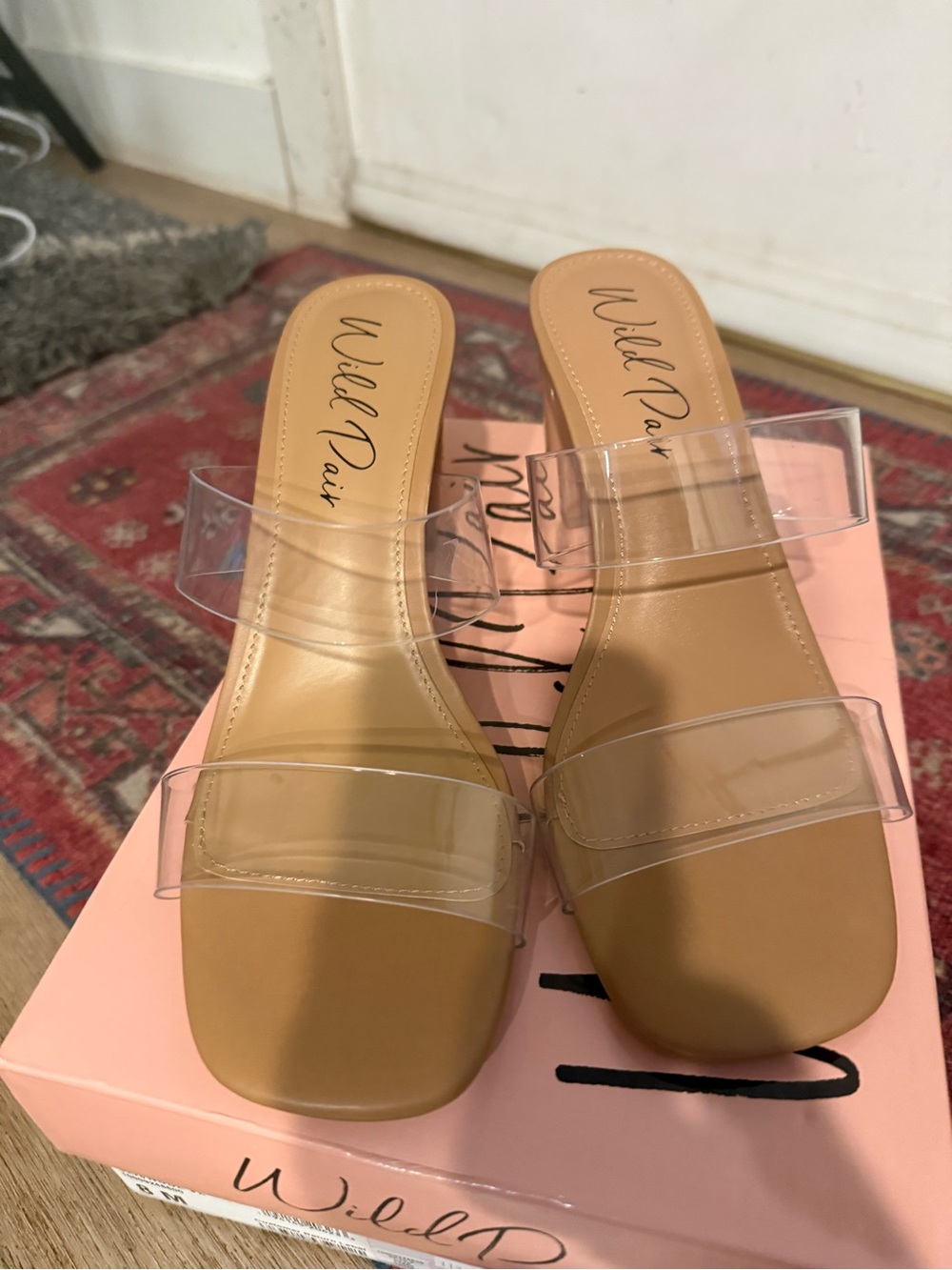 Wild Pair Tan Clear Double-Strap Slide Mules